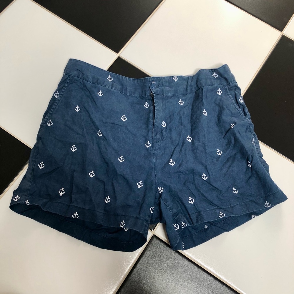 British Khaki Navy Blue Embroidered Shorts White Anchors Chinos Bermudas Sailor